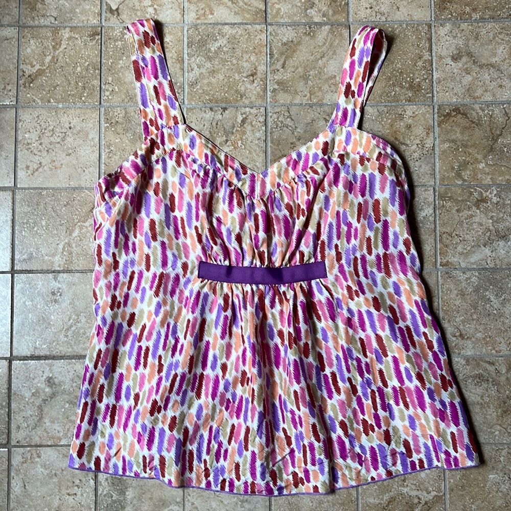 Anna Sui For Anthropologie 100% Silk Punchbowl Camisole Tank Top Cream Orchid M